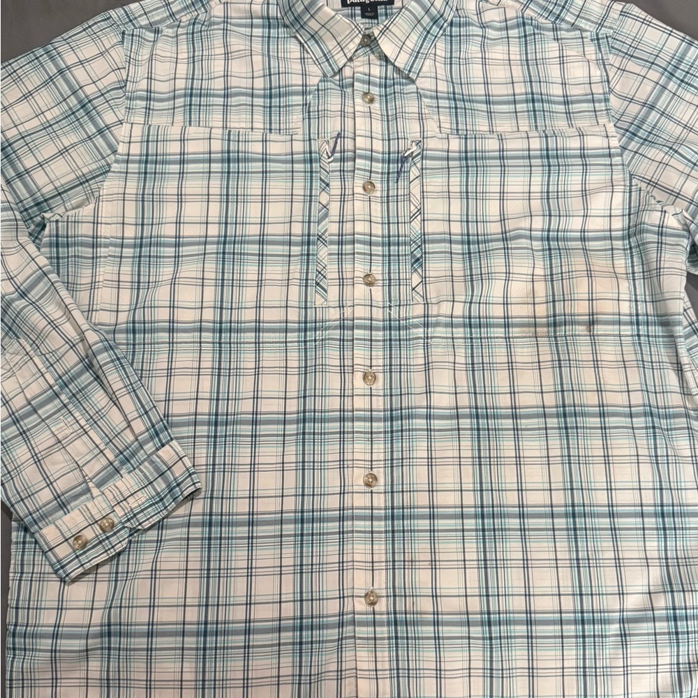 Patagonia Men's Teal and White Plaid Shirt